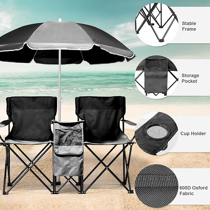 2-Seat Folding Camping Chair w/Removable Sun Umbrella Portable Outdoor Chair for Fishing Sunbathing and Camping Durable Steel Frame and Oxford Fabric Includes Carrying Bag Load 180 LBS Per Seat