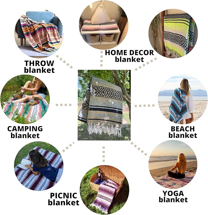 Authentic Mexican Falsa Blanket Perfect for YogaBeach CampingPicnic Car seat Cover Home Throw Decor(Dust Pink/Gray/White)
