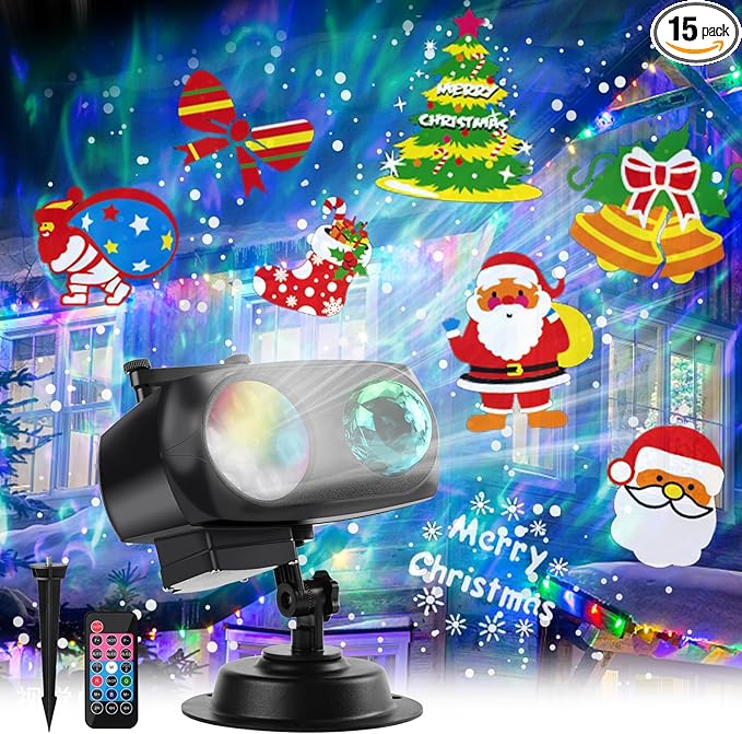 Halloween Christmas Projector Lights Outdoor Brighter 14 HD Slides (3D Ocean Wave+Patterns) Waterproof Outdoor Indoor Holiday Projector Lights for Yard Garden Light Show Xmas Halloween Decorations