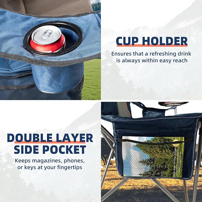 2 Pack Folding Camping Chairs for Adults - High Back Padded Outdoor Lawn Chairs with Lumbar Support &amp Cup Holder 400lbs Heavy Duty Portable Camping Chairs Set (Blue &amp Brown 2 PCS)