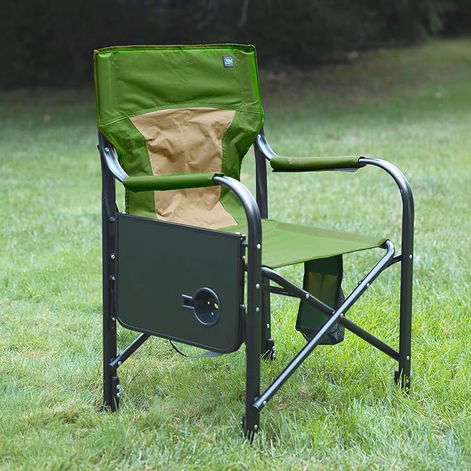 Bliss Hammocks 24 Volt Heated Directors Seat with 3 Heat Settings Folding Portable 21 Inch Wide Steel Frame Camping Chair - Battery Included Green