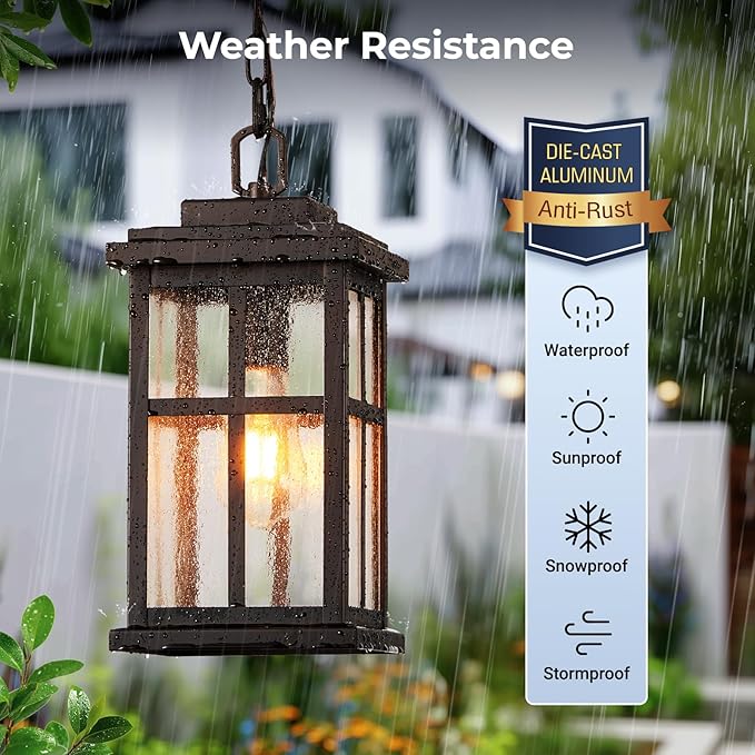 VIANIS Large Outdoor Pendant Lights for Porch Oil Rubbed Bronze Farmhouse Hanging Porch Lights Outdoor with Tempered Glass Anti-Rust Waterproof Exterior Chandelier for Patio with Adjustable Chain