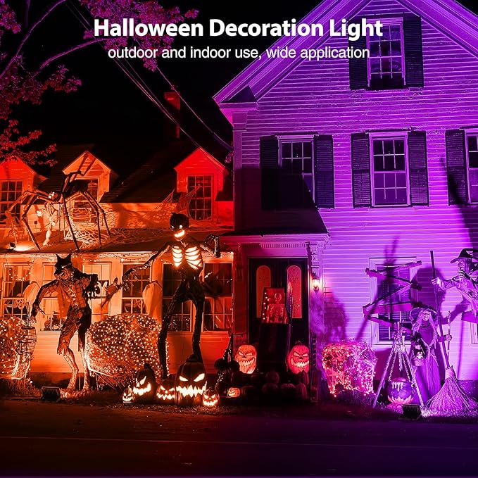 Onforu Orange and Purple Halloween Lights 30W Dusk to Dawn Floodlight 2 Pack LED Flood Light Outdoor Decoration Auto ON/Off Plug in Flood Light IP65 Waterproof Uplighting Uplights for Party Garden
