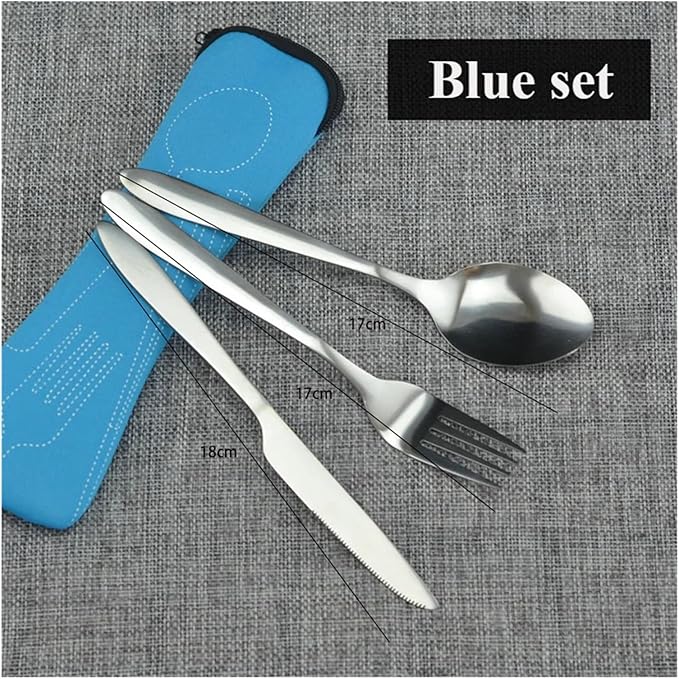 Stainless Steel Travel Cutlery Set with Zipper Case Portable Dishwasher-Safe Utensils for Picnic Camping Household Kitche(Blue set)