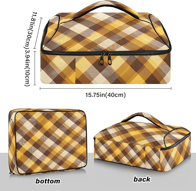 Casserole Carrier Yellow Brown Plaid Insulated Casserole Carrier for Hot or Cold Food Thermal Lunch Tote for Parties Picnic Travel Carry Bag