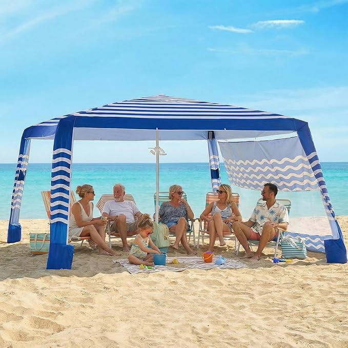 Zeraty Beach Cabana 8'×8' Portable Beach Canopy with Side Wall Easy Pop Up UPF 50+ Silver-Coated Beach Tent Sun Shelter Wind Resistant Adjustable Height Beach Umbrella Tent for Family Navy Blue