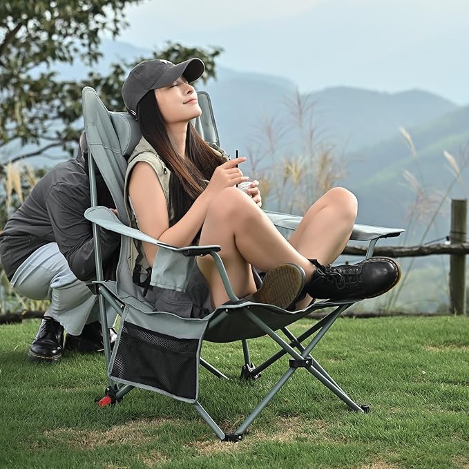 2-in-1 Reclining Camping Chair Portable Folding Beach Lounge Chair with Footrest &amp Adjustable Backrest Comfortable Lawn Chair for Adults Heavy Duty with Cup Holder for Outdoor Poolside Sports