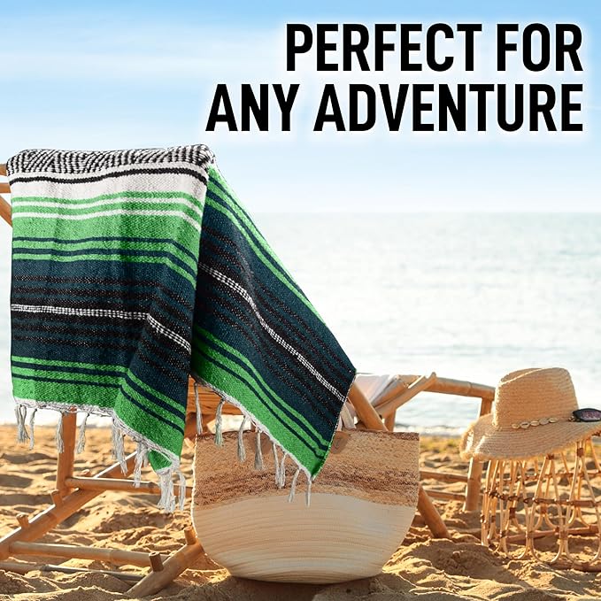 Hydration Nation Authentic Extra Large Mexican Blanket (70x50) - Handwoven Yoga Serape- Artisanal Falsa Beach Camping Picnic Outdoor - Tropical Green