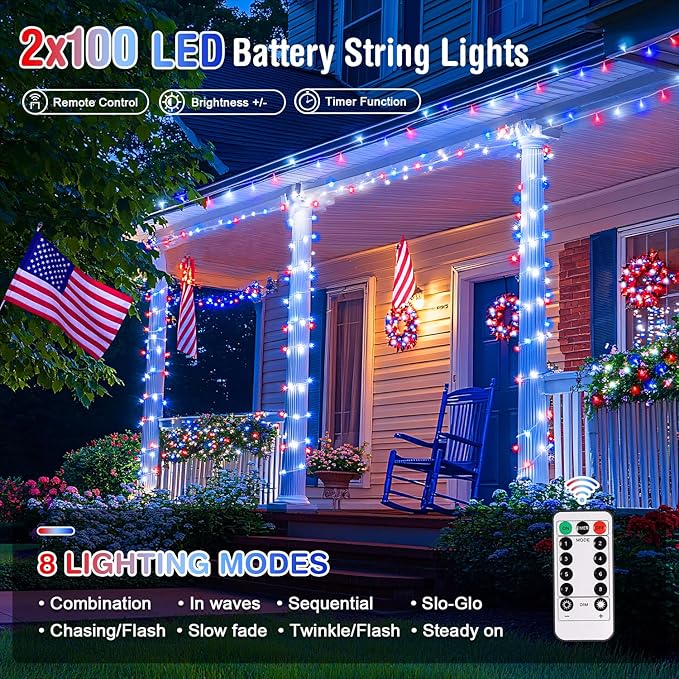 JMEXSUSS 2 Pack Red White and Blue Lights Outdoor 33ft 100 LED 4th of July Lights Battery Operated 8 Modes Patriotic Decorations for Indoor Outside Independence Day American Flag Holiday