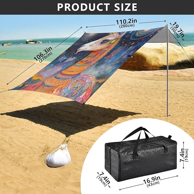 ALAZA Boho Llama Visionary Beach Tent Sun Shelter UPF50+ Protection Beach Shade Canopy w/ 4 Sandbags for Outdoor Camping Fishing Backyard Fun Picnic 10x9 ft