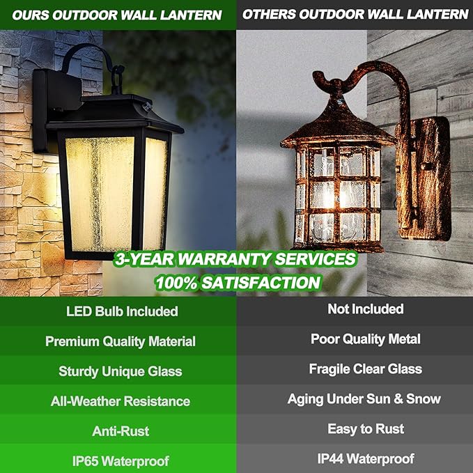 LED Dusk to Dawn Outdoor Lighting - 2 Packs Outdoor Wall Lights for House 13W 3000K LED Outside Porch Lantern Black Exterior Wall Sconce for Garage Doorway Garden 100% Waterproof Anti-Rust
