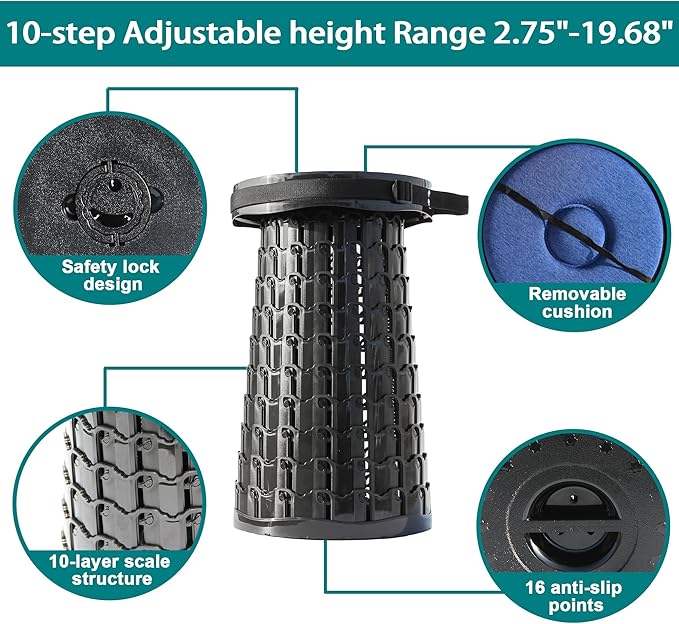 ALEVMOOM 2025 XXL 19.7 Collapsible Stool with Cushion Capacity 1000lbs Portable Stools for Adults Heavy Duty Adjustable Height Telescoping Folding Stool for Outdoor Camping Travel Hiking Fishing