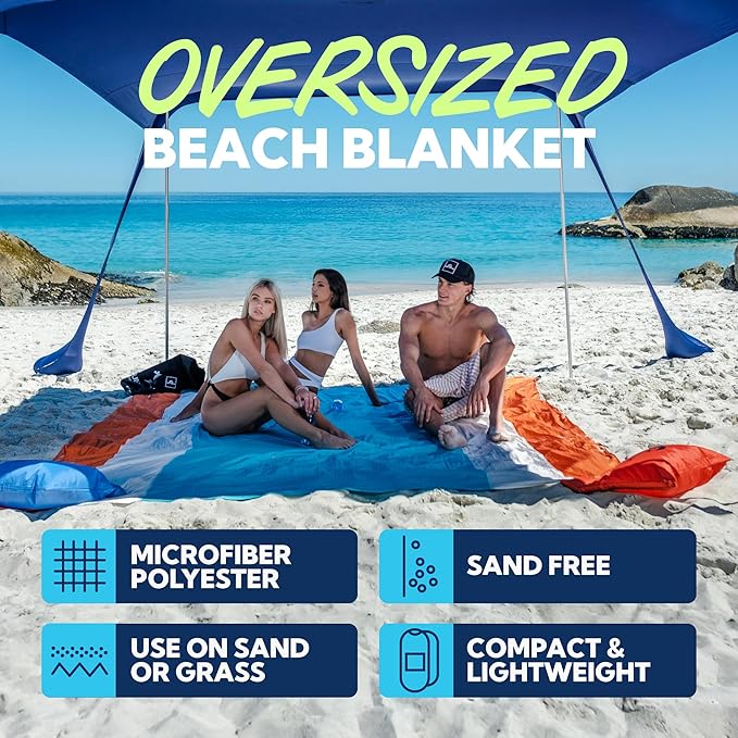 SUN NINJA Oversized Beach Blanket - Sandproof Beach Blanket 10ft x 9ft Sand Free Blanket Lightweight Water Resistant Includes Carry Bag 4 Pegs Shoulder Strap for Family Outings