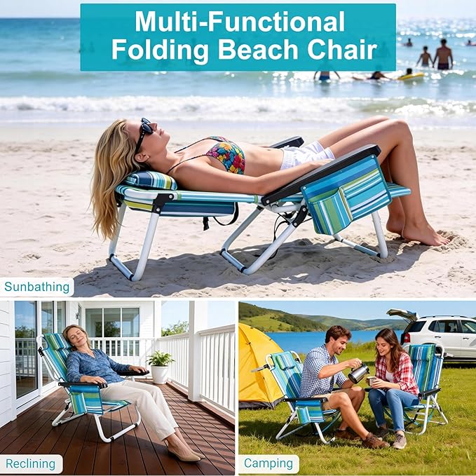 ABORON 5-Position Beach Chair for Adults Lay Flat Reclining Beach Folding Chair with Cooler Bag Backpack Straps Headrest &amp Pouch 350 lbs Capacity Portable for Outdoor Lawn Camping Concert