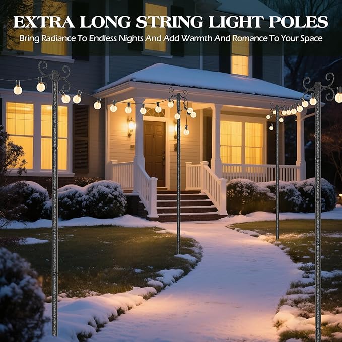 2 Pack Outdoor String Light Poles Metal Lights Hanging Pole with 4 Hooks and Rustproof for Patio Garden Deck Backyard Lawn Sunshade and Decor