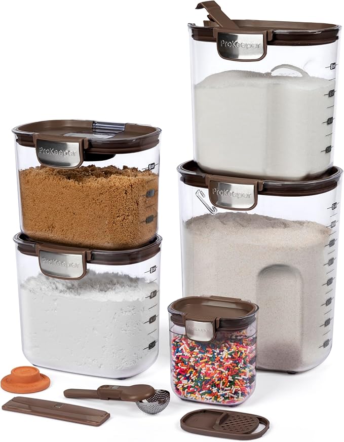 ProKeeper+ Airtight Food Storage Container Set – Clear Plastic Flour and Sugar Canister Set with Magnetic Accessories for Kitchen Organization (Brown 9-Piece)