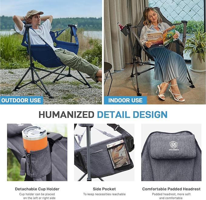EVER ADVANCED Padded Hammock Camping Chair Oversized Heavy Duty Swing Chair with Detachable Cup Holder Portable Folding Rocking Camping Chair Support Up to 400lbs