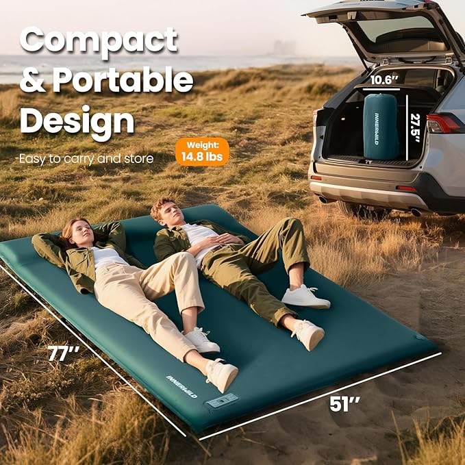 Double Camping Sleeping Pad with Electric Pump 3.15 Thick 2 Person Self Inflating Memory Foam Mattress Pad with Pillow Portable Sleeping Mat for Travel Car Tent- Dark Green Full Size