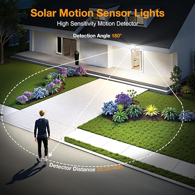 Onforu 3000LM Solar Lights Outdoor 4 Heads Solar Security Lights with Remote Control 180 LEDs IP65 Waterproof Motion Sensor Lights 3 Modes Flood Lights for Wall Porch Yard Outside 3 Pack