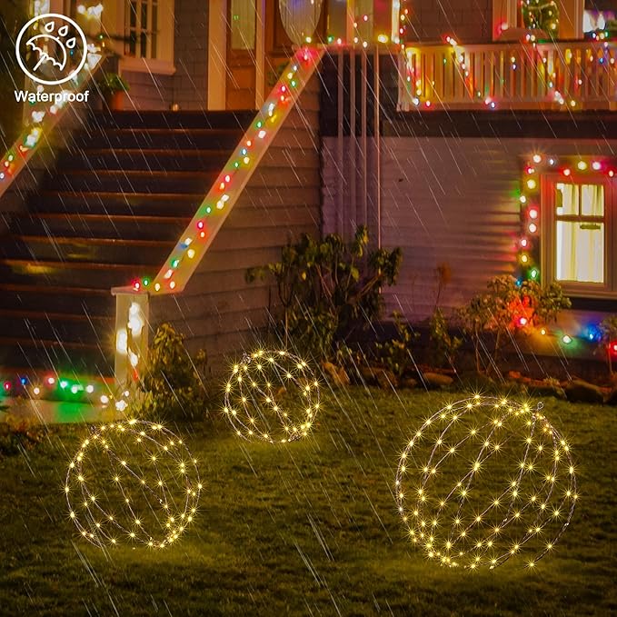 LIGHTSHARE 248LED 12IN+16IN+20IN Light Ball Yard Decoration Pathway Lights Brown Sphere Light Fold Flat Metal Frame Indoor Outdoor Waterproof Garden Lights Plug in(Set of 3)