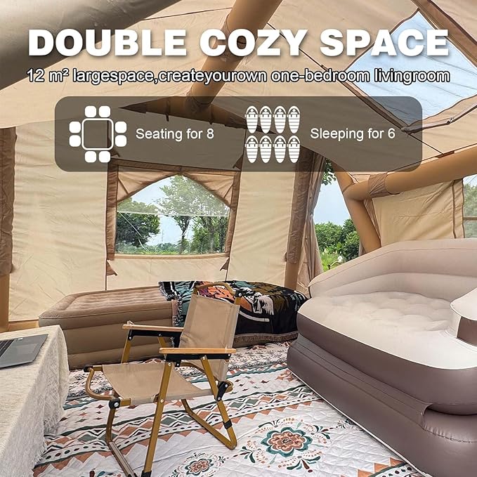 8/10/12 Person Large Inflatable Tents for Camping 4 Season Blow Up Tents with Canopy/Rainfly Luxury Inflatable Tent House with Stove Jack Easy Setup Inflatable Camping Tent.