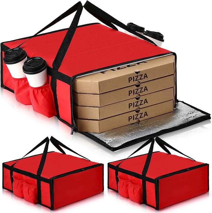 LemonRoad 3 Pcs Pizza Delivery Bag with 4 Cup Holder Insulated Food Grocery Bag 20 x 20 x 8 Pizza Warmer Bags for Carry Hot Catering Delivery Driver Essentials(Red)