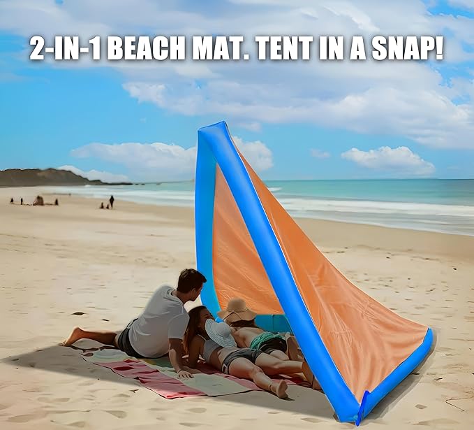 Beach Blanket Large Beach Blanket Sandproof 79x83 Beach Mat for Family Beach Mats with Pillow Camping Sleeping Mat Portable Outdoor with Side Walls Beach Essentials (Blue-Orange)