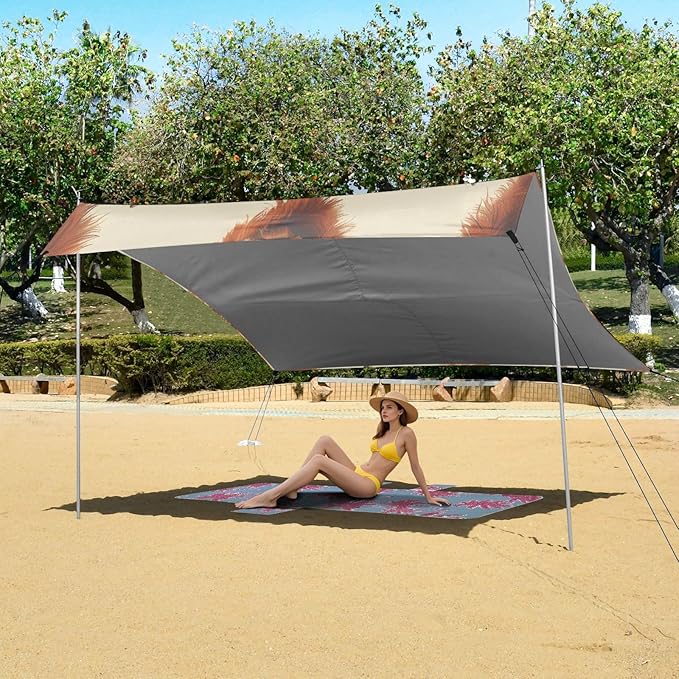 Highland Cows Beach Tent Sun Shelter 9.2' x 10.5' Beach Canopy with 4 Sandbags 4 Stability Poles Sand Shovels - Tent Canopy for Beach Camping Fishing Picnics