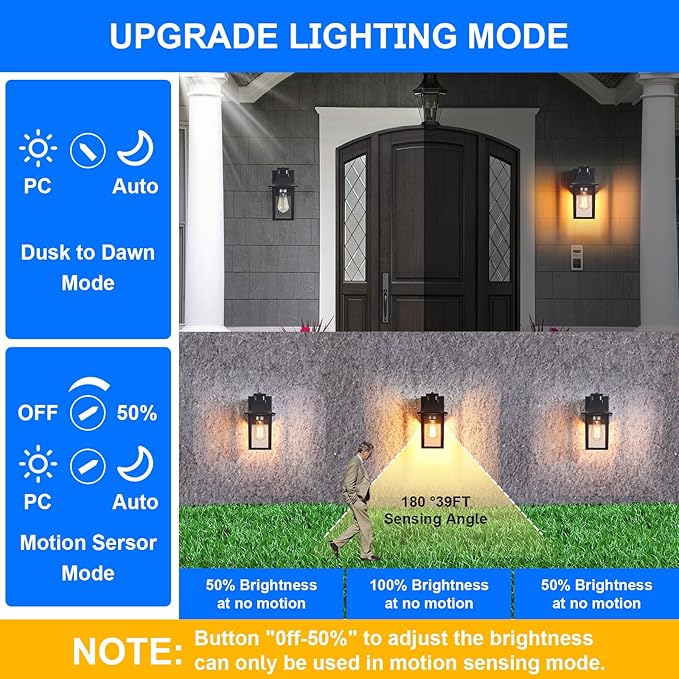 Porch Lights with GFCI OutletDusk to Dawn Motion Sensor Outdoor Lights3 Light Modes Black Front Door LightsWaterproof Outside Wall sconces for House Patio Garage (2 Pack)