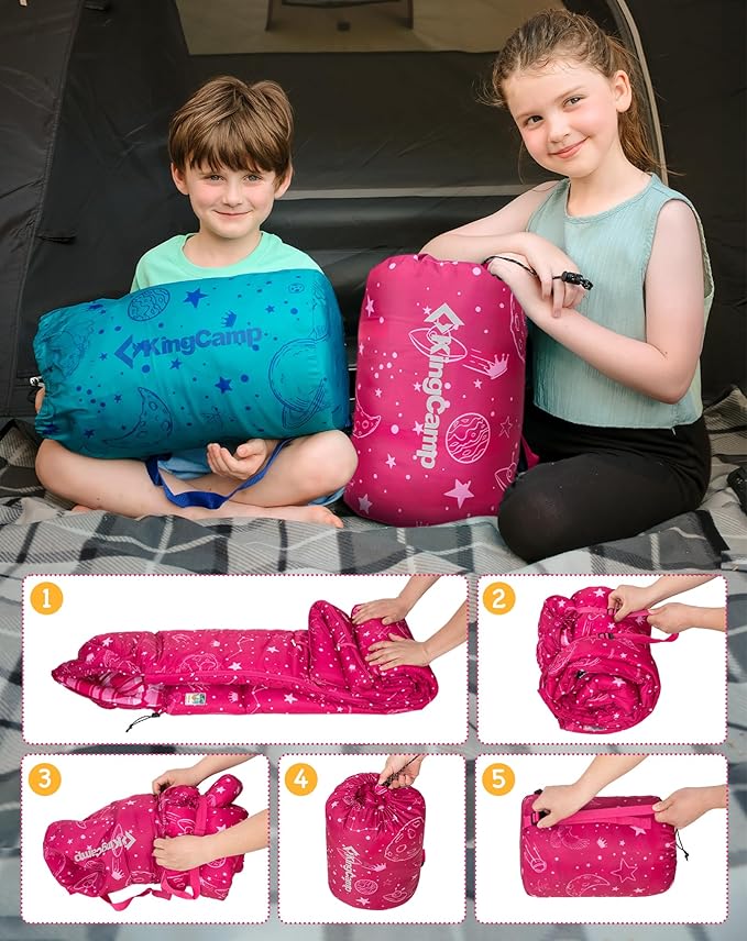 KingCamp 45°F Kids Sleeping Bag Lightweight Waterproof &amp Compact Flannel Sleeping Bags Cold Weather &amp Warm Youth Essentials Gear Accessories for Camping Fits 10-12 Children up to 4'7-5'5 T