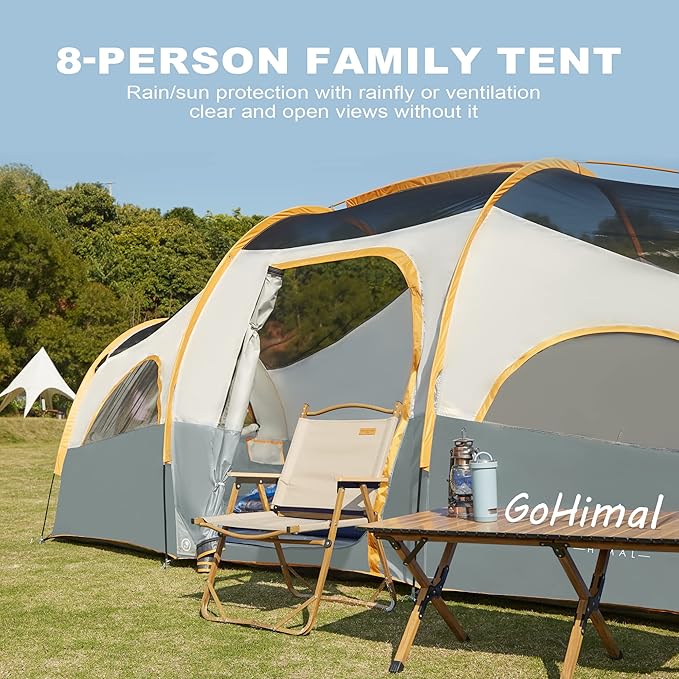 8 Person Tent for Camping Waterproof Windproof Family Tent with Rainfly Divided Curtain Design for Privacy Space Portable with Carry Bag