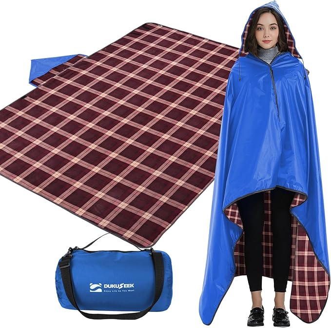 DUKUSEEK Waterproof Stadium Blanket with Hood Wine Red Plain Waterproof Outdoor Blankets