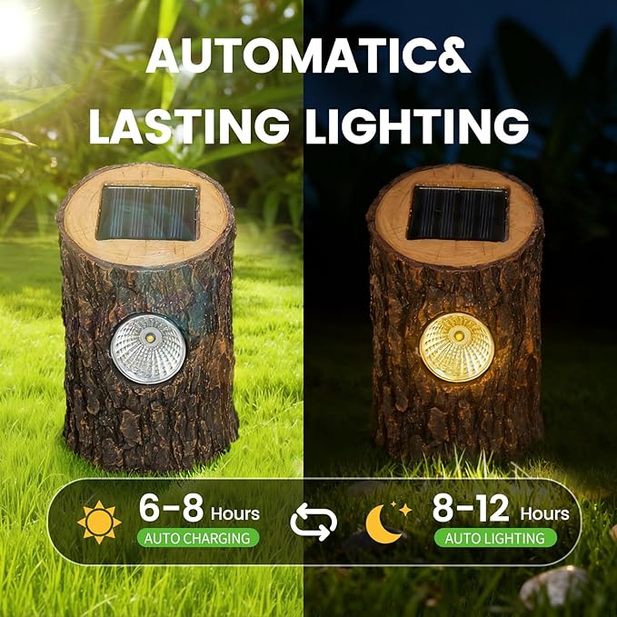 Solar Garden Lights Outdoor 2 Pack Decorative Rustic Tree Stump Pathway Lights Warm White Auto On/Off IP65 Waterproof Lights for Yard Patio Lawn Flower Bed Steps Garden Decor Gifts