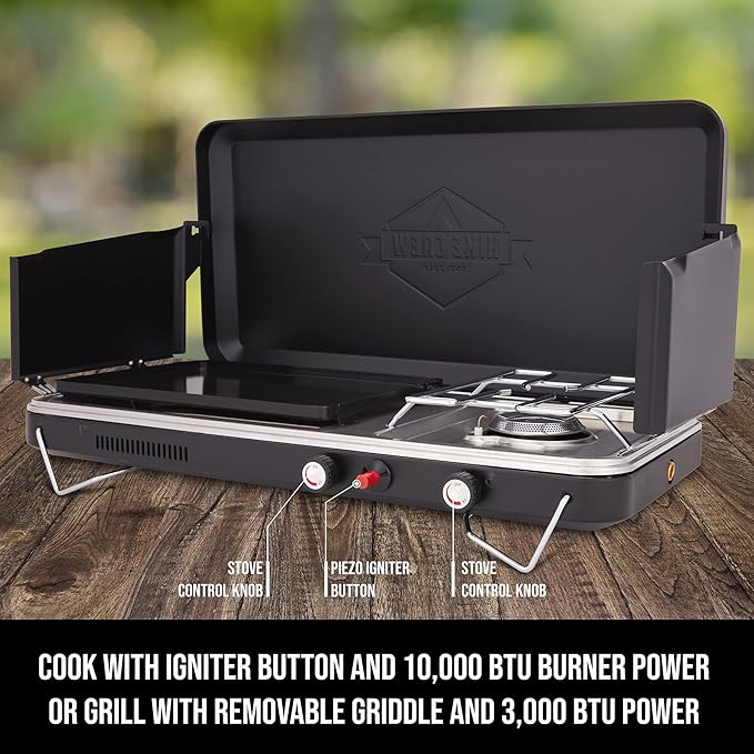 Hike Crew 2-in-1 Gas Camping Stove and Griddle Portable Propane Burner w/Integrated Igniter &amp Stainless Drip Tray | Built-in Carrying Handle Foldable Legs &amp Wind Panels | Includes Regulator