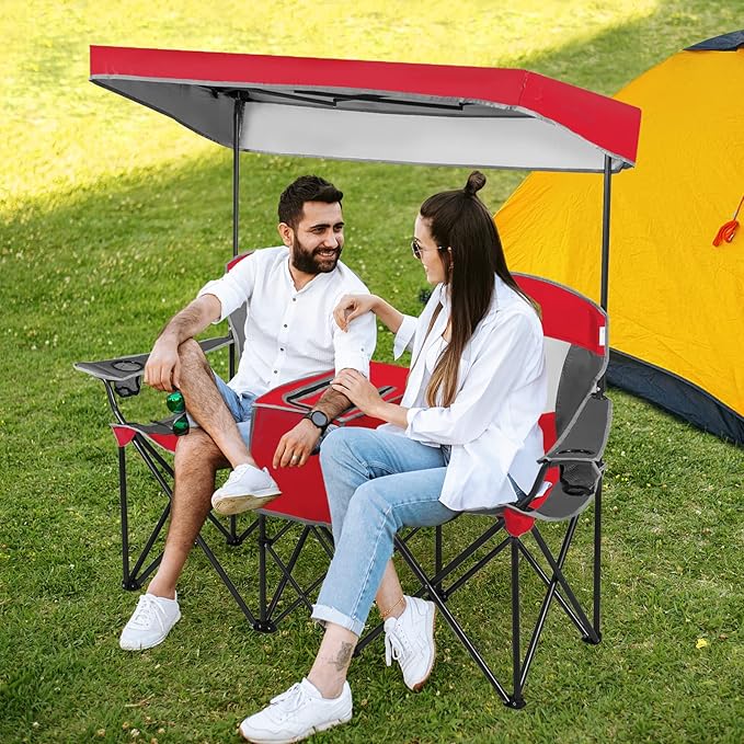 Tangkula Loveseat Camping Chair with Adjustable Shade Canopy Portable Beach Chair with Cooler Bag 2 Cup Holders Carrying Bag Foldable Double Lawn Chair for Travel Fishing Picnic (Red)