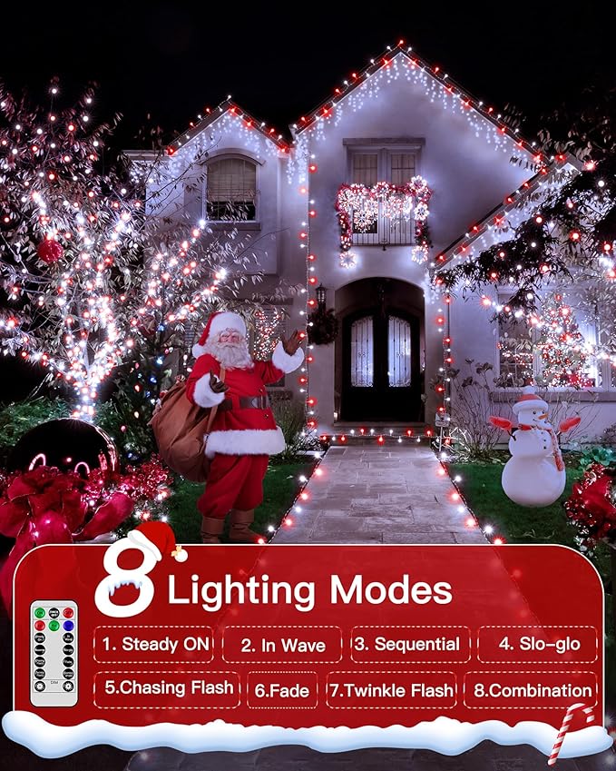 196FT 600LED Christmas Lights Outdoor Waterproof String Light with Remote 8 Modes LED Lights Plug in Twinkle Fairy Light for Party Holiday Decor (Red+White)