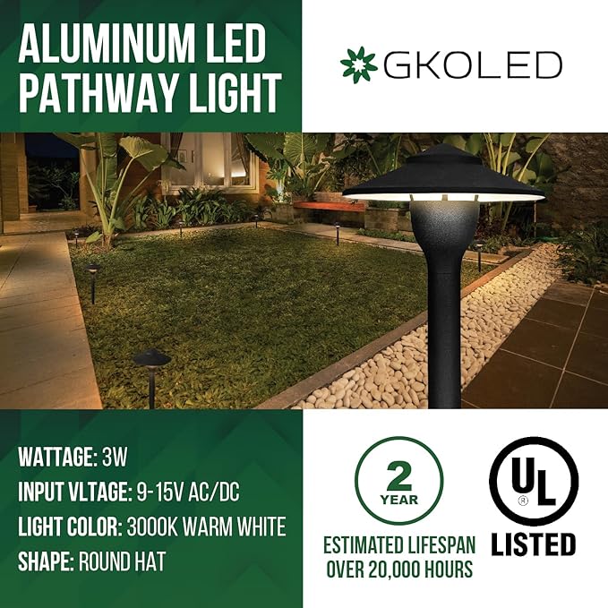 GKOLED 6-Pack Aluminum Pathway Lights Low Voltage LED Landscape Path Light 9-15V AC/DC Outdoor Walkway Lighting with 3W 3000K Integrated LED Chips for Yard Lawn Ground Stake Black