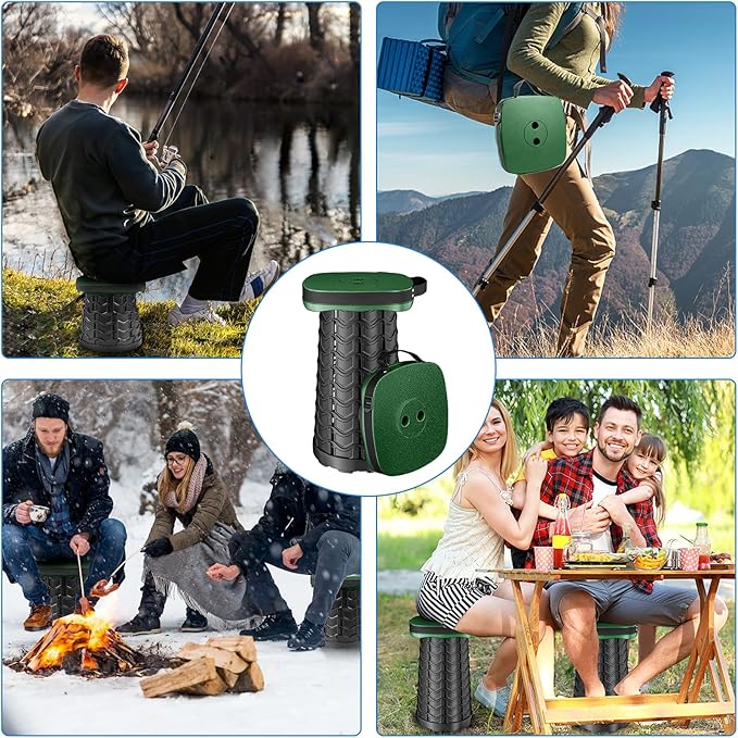 Folding Camping Stool Square Collapsible Portable Stool with Elastic Seat Cushion&amp Adjustable Nylon Bag Sturdy Lightweight Telescoping FoldableMax Load 485lb (Green)