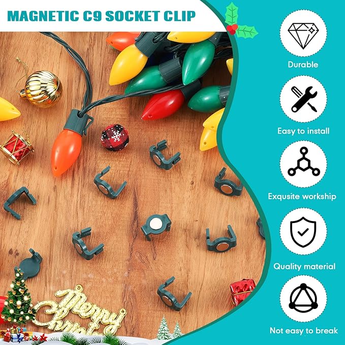 Frienda 50 Pieces C9 Magnetic Christmas Light Clips Magnet Christmas Socket Clips Hooks for Sockets Roof Gutters Outside Patio Holiday Lighting (Green Round)