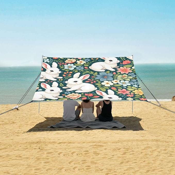 Cute White Rabbits Floral Camping Sun Shelter Beach Tent Portable Beach Sun Shade Outdoor Canopy for Camping Trips Fishing Picnic