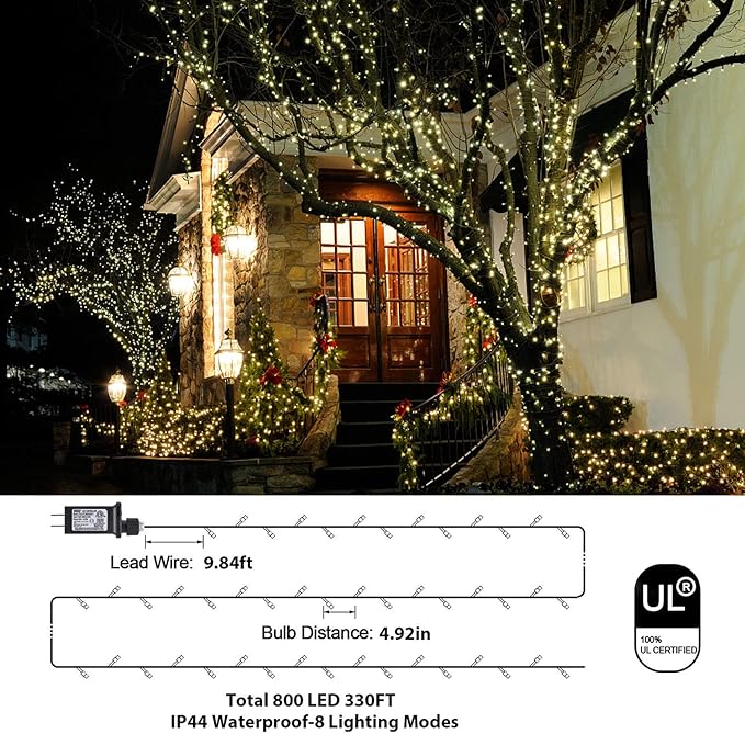 Christmas Lights Outdoor 800LED 330FT Warm White String Lights 8 Mode Plug in Waterproof Decor Twinkle Lights for Bedroom Xmas Thanksgiving Wedding Party Garden Yard Tree Decoration