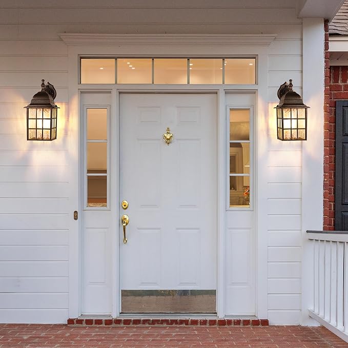 Farmhouse Exterior Light Fixtures - Sensor Dusk to Dawn Outdoor Porch Lights Black Brush Gold Wall Sconce Outside Wall Lantern for Front Door Garage 2 Pack
