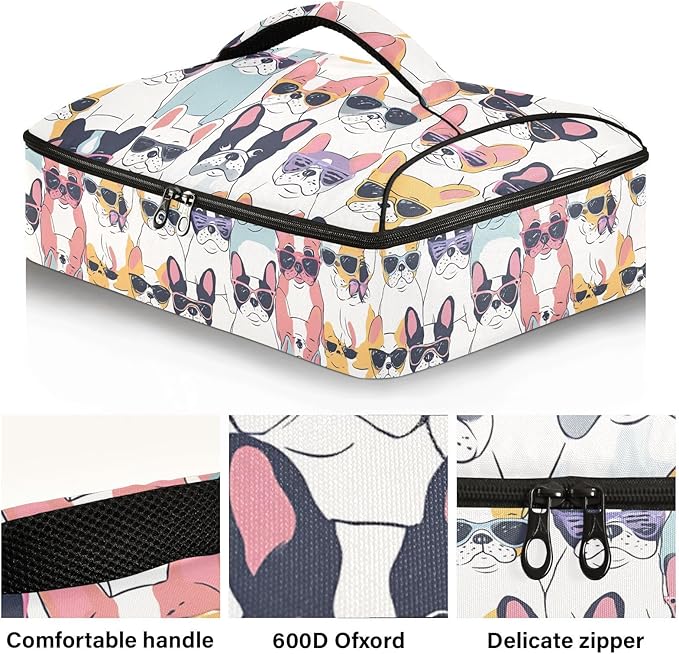 Casserole Carrier Cute Bulldog PatternInsulated Casserole Carrier for Hot or Cold Food Thermal Lunch Tote for Potluck Parties Picnic Beach Fits 9 x 13 Inches Baking Dish