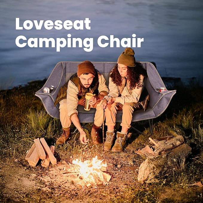 700lbs Capacity Double Camping Chair for 2 Adults - Low-Profile Outdoor Loveseat with XL Cup Holders &amp Storage Pockets Heavy Duty Folding Couch for Camping Lawn Backyard (Navy Blue)