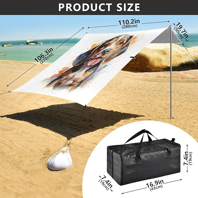 ALAZA Beagles Dog Puppy Beach Tent Sun Shelter UPF50+ Protection Beach Shade Canopy w/ 4 Sandbags for Outdoor Camping Fishing Backyard Fun Picnic 10x9 ft