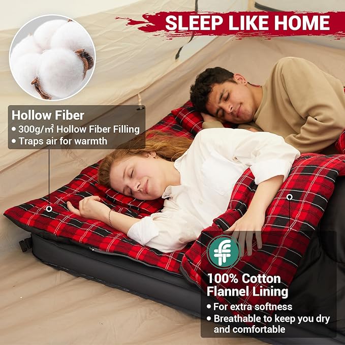 KingCamp Double Sleeping Bag for Adults Queen Size 2 Person XXL Flannel Sleeping Bag Waterproof Lightweight Flannel Quilt with 2 Pillows Perfect for Couples Family Camping Hiking