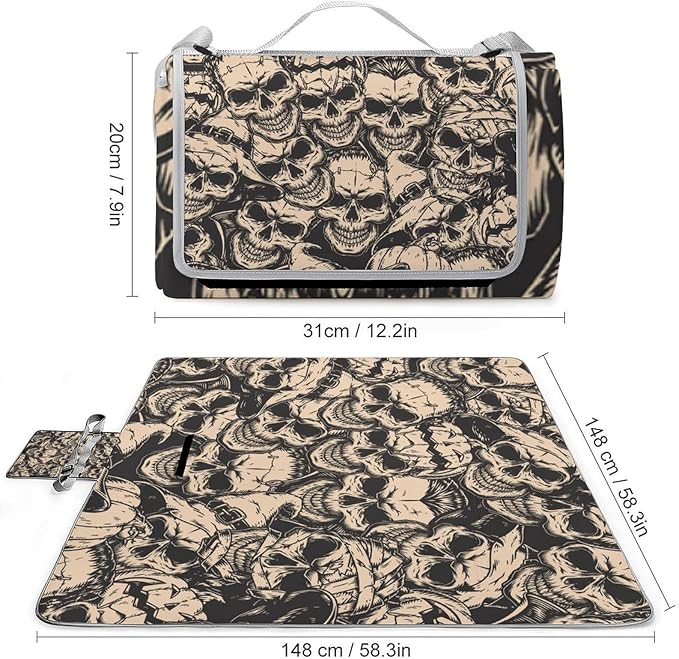 Black and White Gothic Skull Damask Pattern Waterproof Outdoor Picnic Blanket Sandproof Beach Mat for Camping Hiking Grass Travelling
