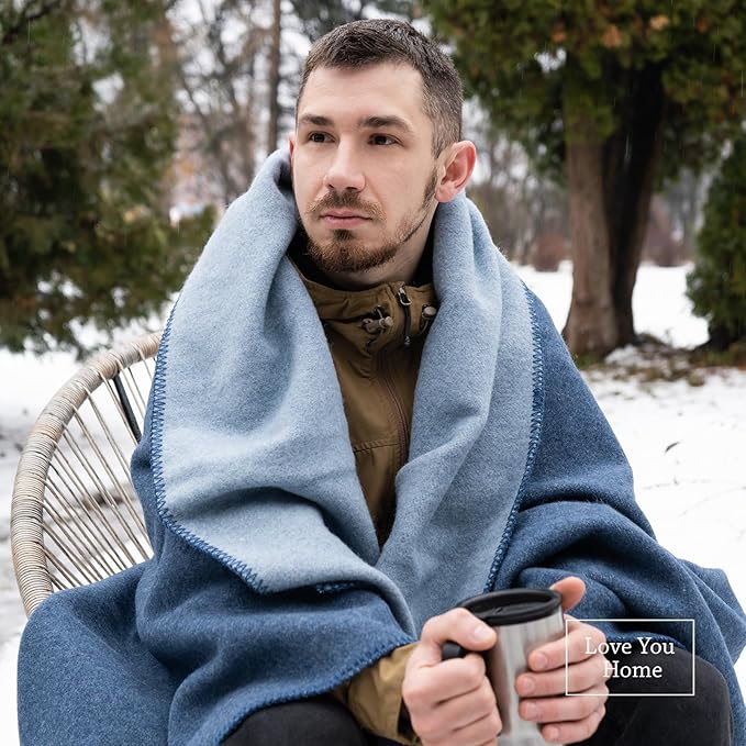 LYHome Merino Wool Blanket - Outdoor Camping and Hiking Throw Extra Warm Army Military &amp Hunting Blankets for Cold Weather Warmest Plaid Sheep Wool (51 x 67 in | Blue - Light Blue Double-Sided)