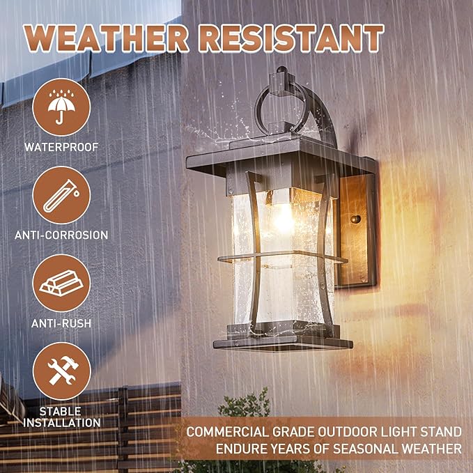 Oil Rubbed Bronze Outdoor Light Sconces Wall Mount Matte Brown Outdoor Wall Lamp Large Exterior Porch Wall Lantern with Seeded Glass 15 Outside Lights for House Front Door Patio Backyard