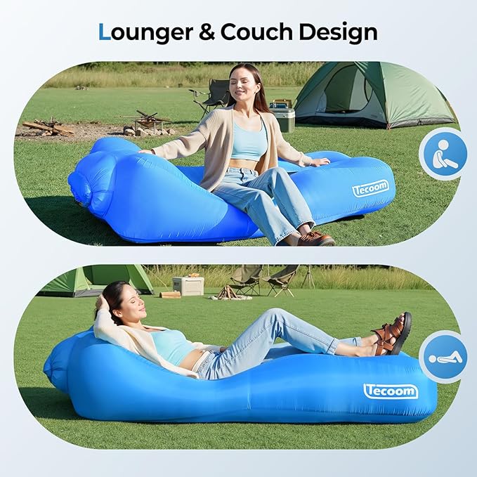 Tecoom Inflatable Lounger Couch Sun Air Sofa Hammock Waterproof Blow up Beach Chair 2 Person Glamping Accessories for Camping Hiking Traveling Movies Night Music Festival Indoor Outdoor Matches